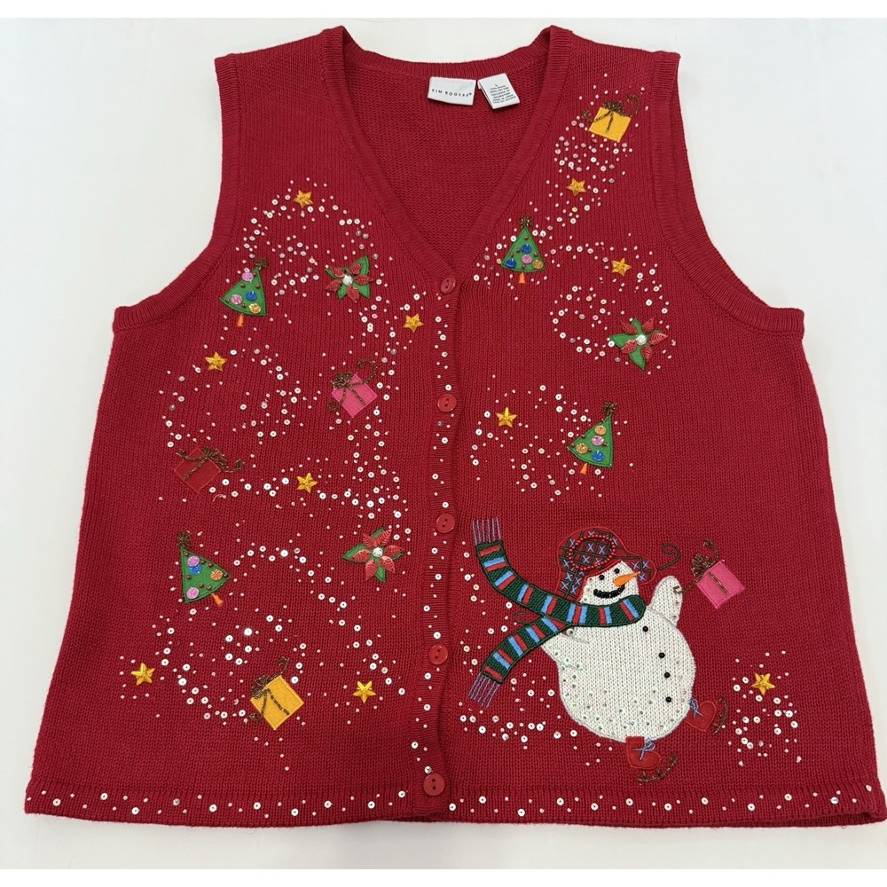 Kim Rogers Womens L Christmas Snowman Sweater Vest Red Beaded Holiday Button Up